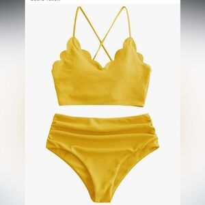 Zaful Yellow ribbed textured high waisted Bikini Size 8 - Large NWOT